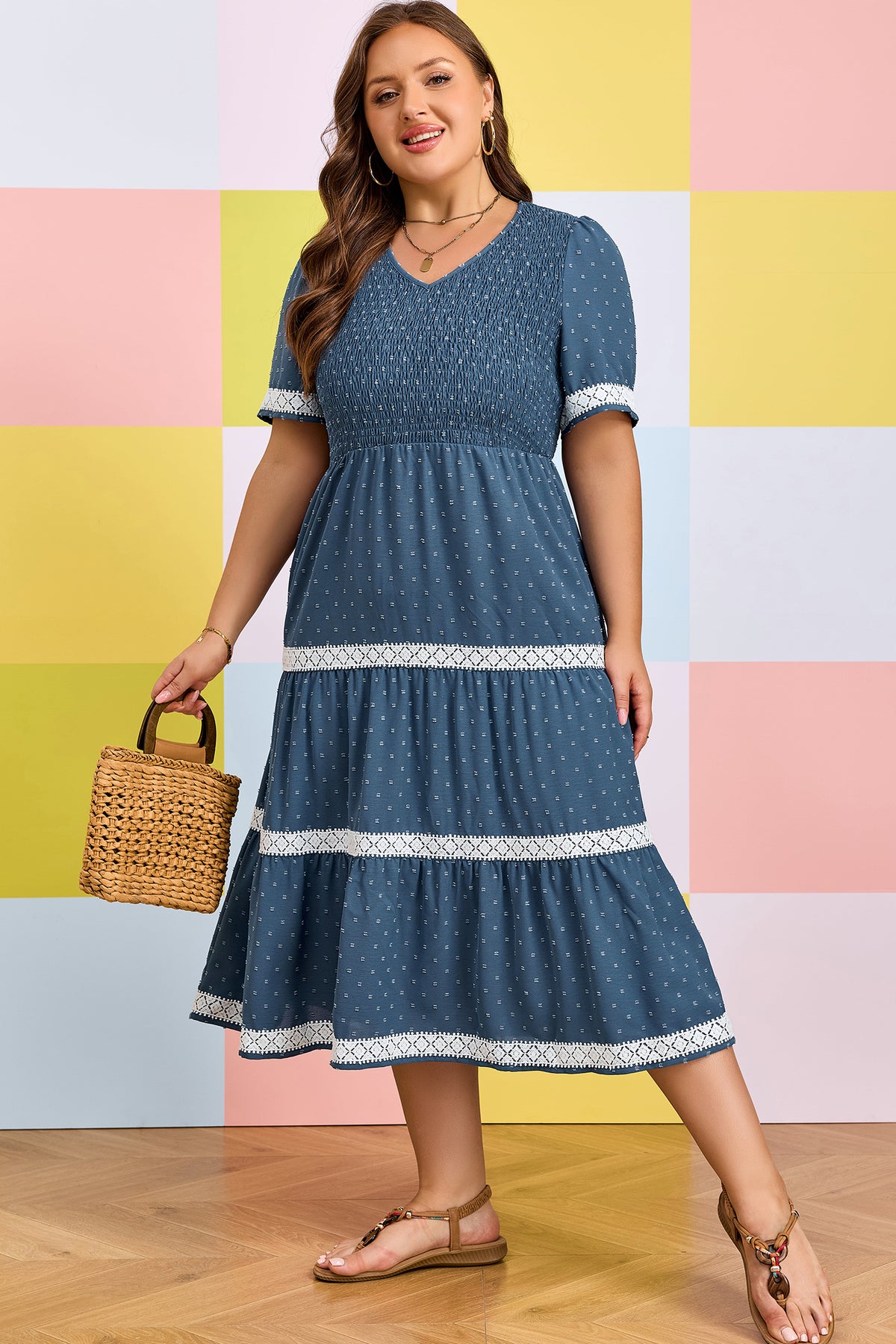 Dusk Blue Plus Size V-Neck Swiss Dot Lace Patchwork Detail Flared Midi Dress
