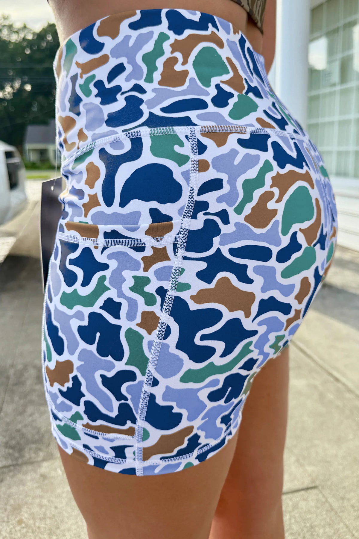 Sky Blue Abstract Camo Printed Seam Biker Shorts