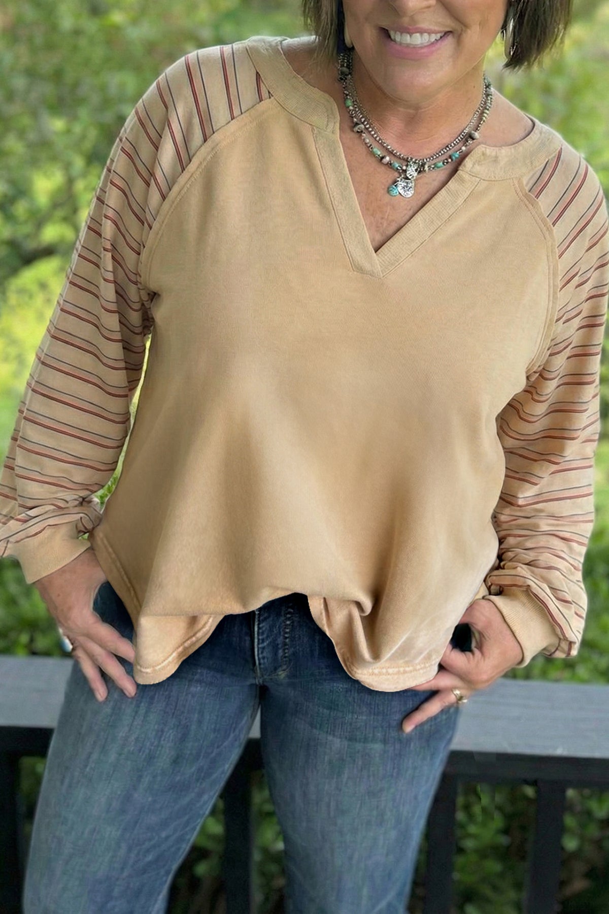 Parchment Striped Raglan Sleeve Notched Neck Raw Edge Plus Size Jumper