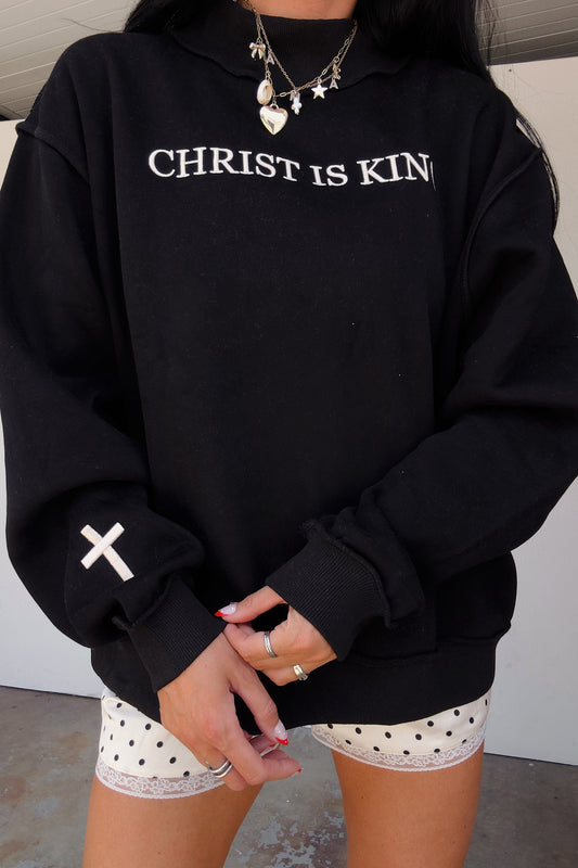 Black CHRIST IS KING Embroidery High Neck Sweatshirt