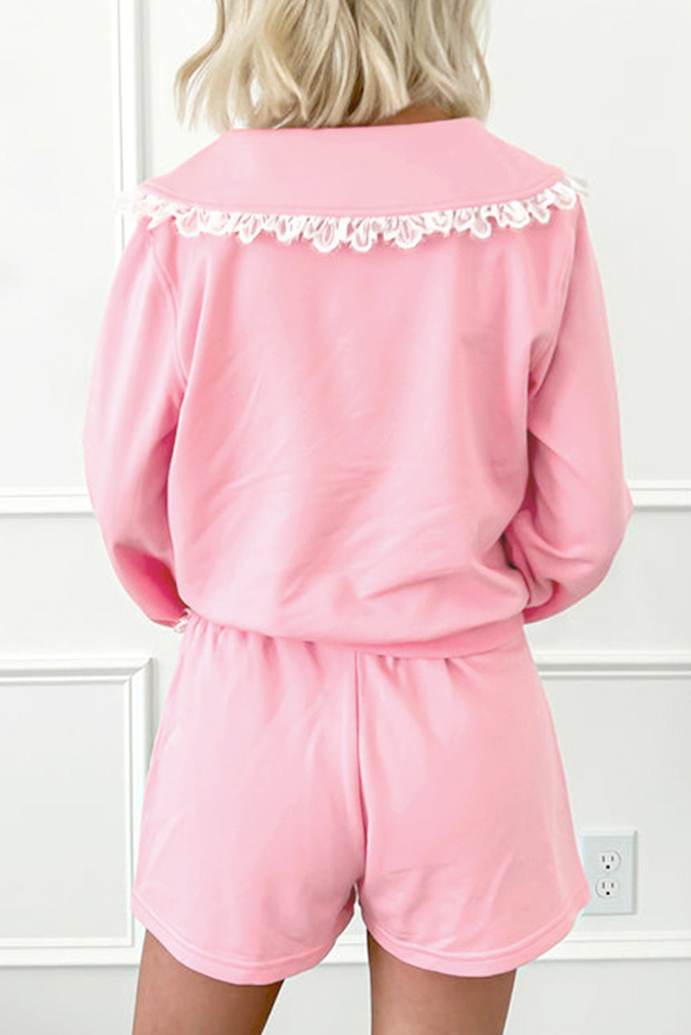 Pink Lace Embellished Peter Pan Collar Sweatshirt and Skort Two Piece Set
