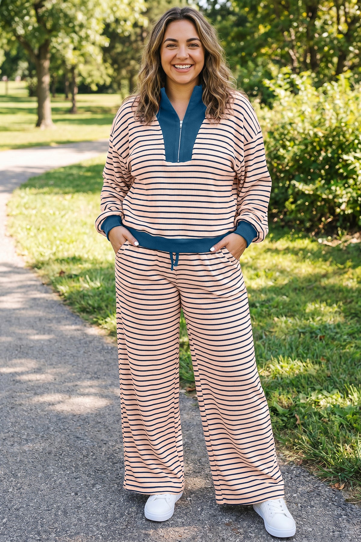 Pink Stripe Striped Color-Block V-Neck Long-Sleeve Plus Size Set