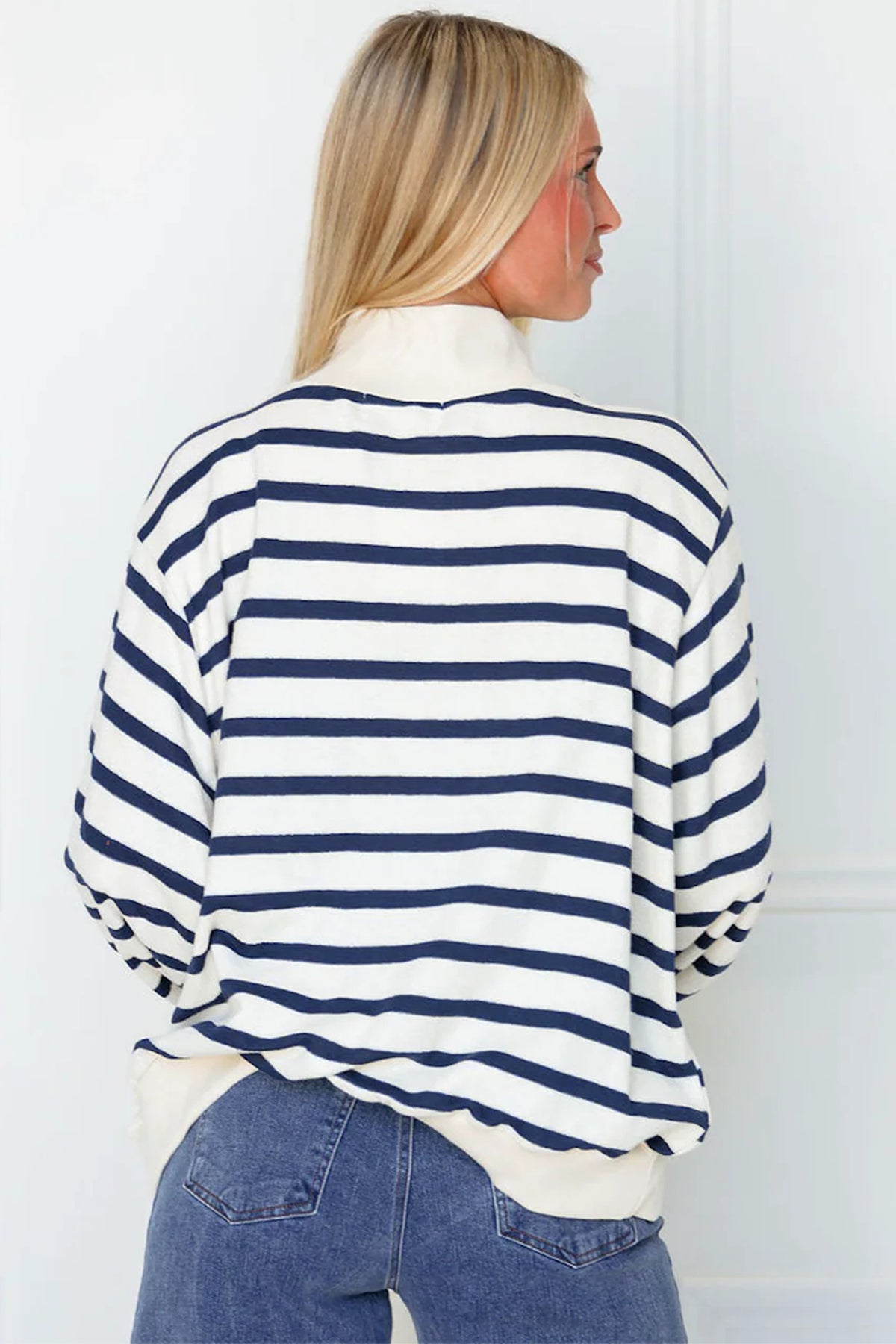 Blue Stripe Striped Stand Neck Ribbed Cuff Hem Sweatshirt