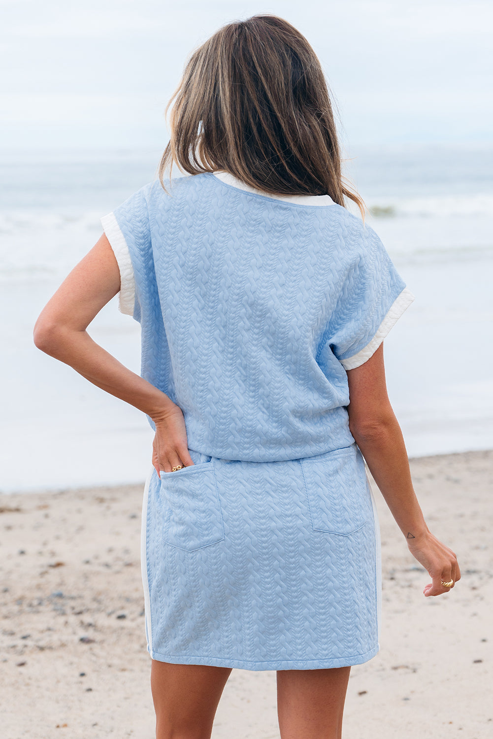Beau Blue Contrast Trim Textured Crewneck Tee and Pocketed Skort Set