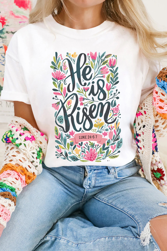 White He is Risen Floral Printed T-Shirt