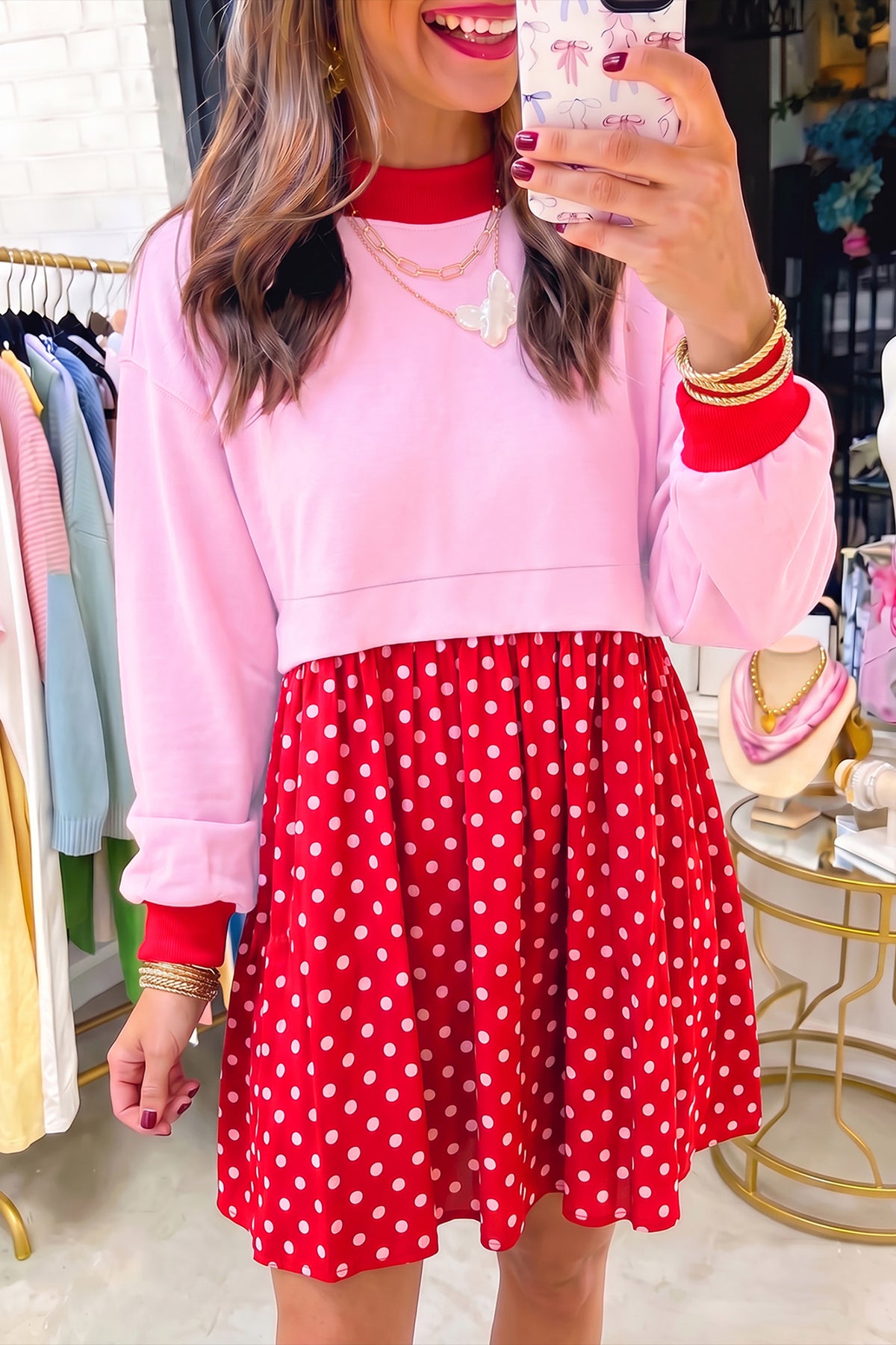 Pink Color Block Polka Dot Pleated Mini Dress