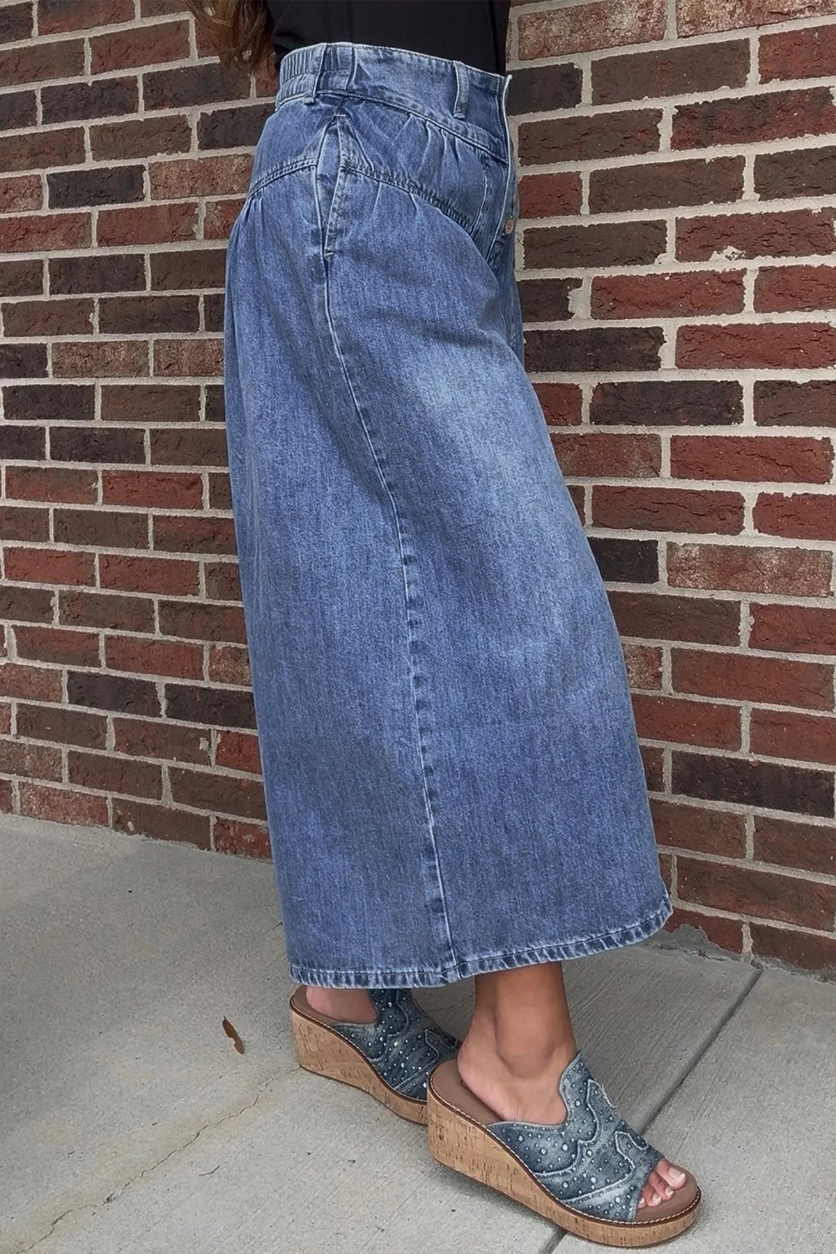 Dusk Blue High Rise Buttons Pleated Cropped Wide Leg Denim Pants