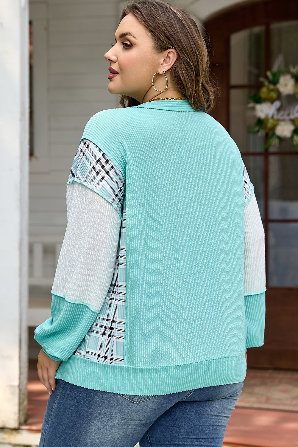 Aruba Blue Ribbed Color-Block Plaid Patchwork Plus Size Long-Sleeve Top