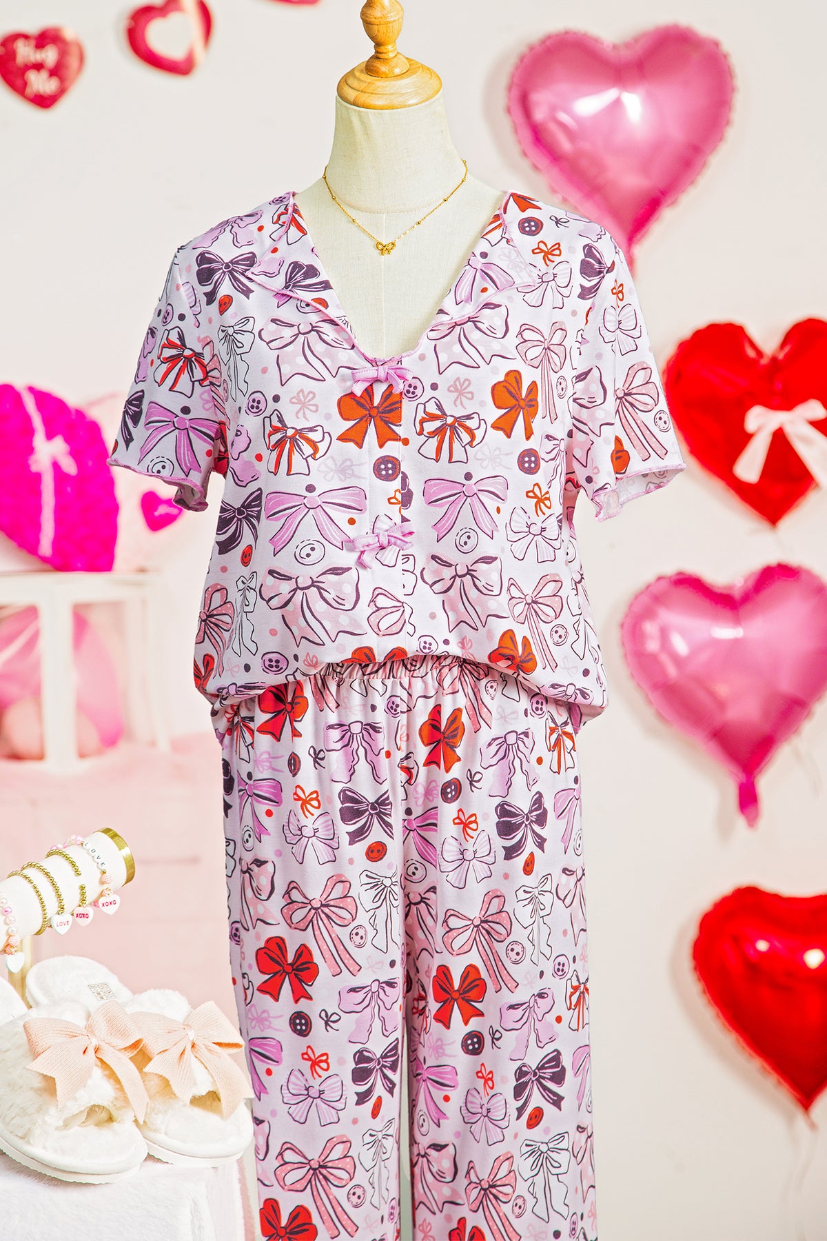 Pink Bows and Buttons Print Short Sleeve Shirt and Pants Pajama Set