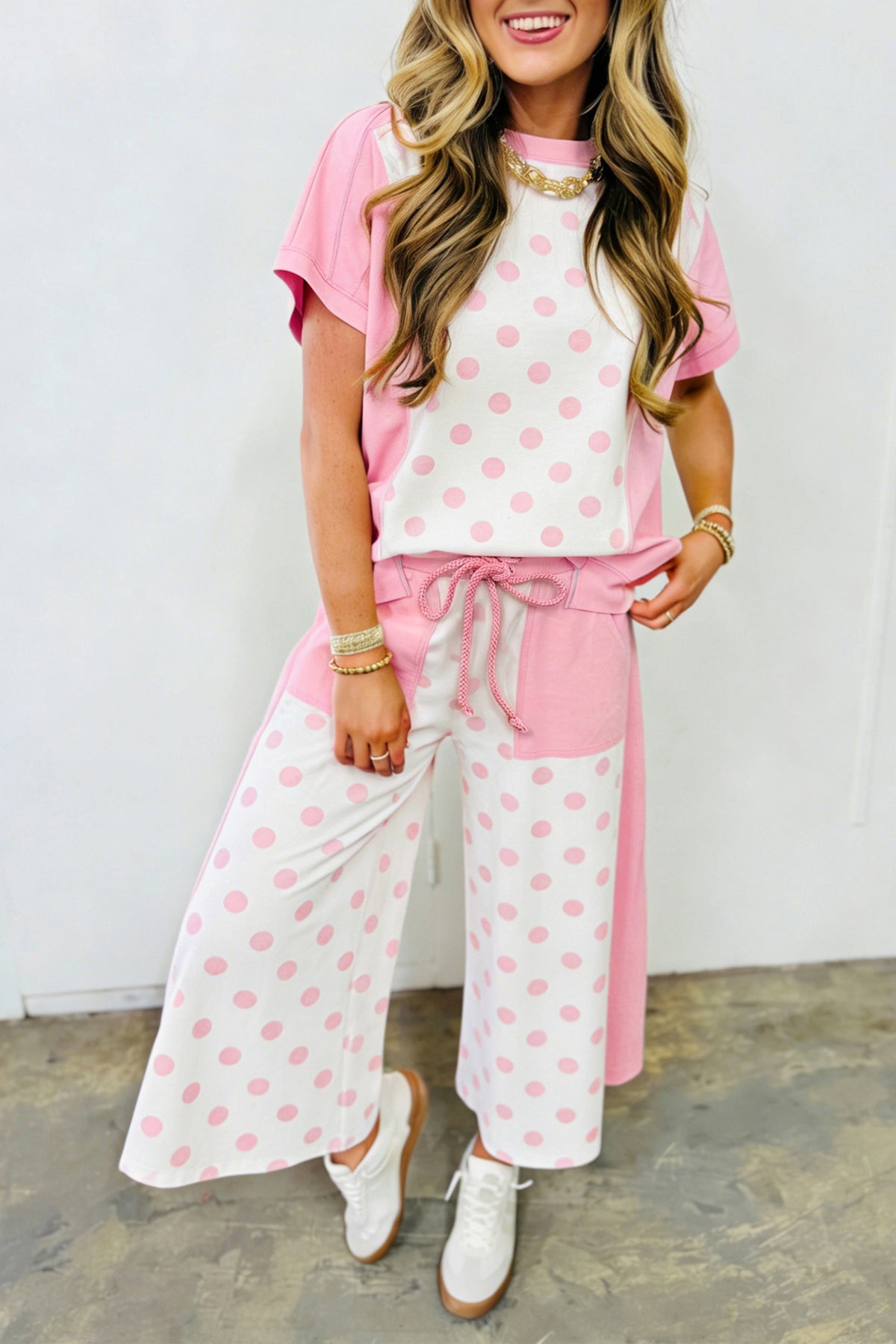 Women's Pink Color Block Patchwork Polka Dot Wide-Leg Pants Set