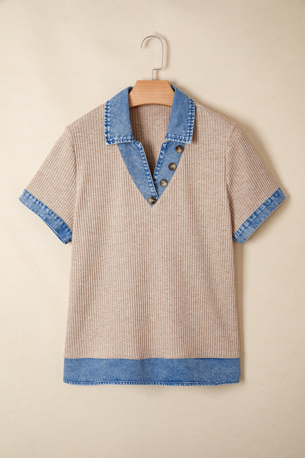 Beige Ribbed Knit Denim Color Block Patchwork Button Detail Collared Blouse