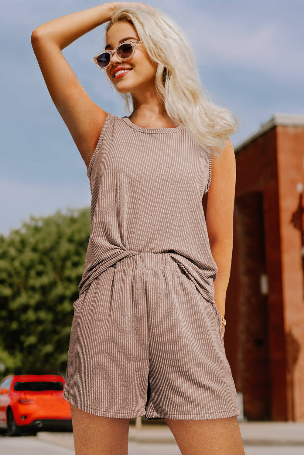 Women's Smoke Gray Corded Sleeveless Top & Pocketed Shorts Set