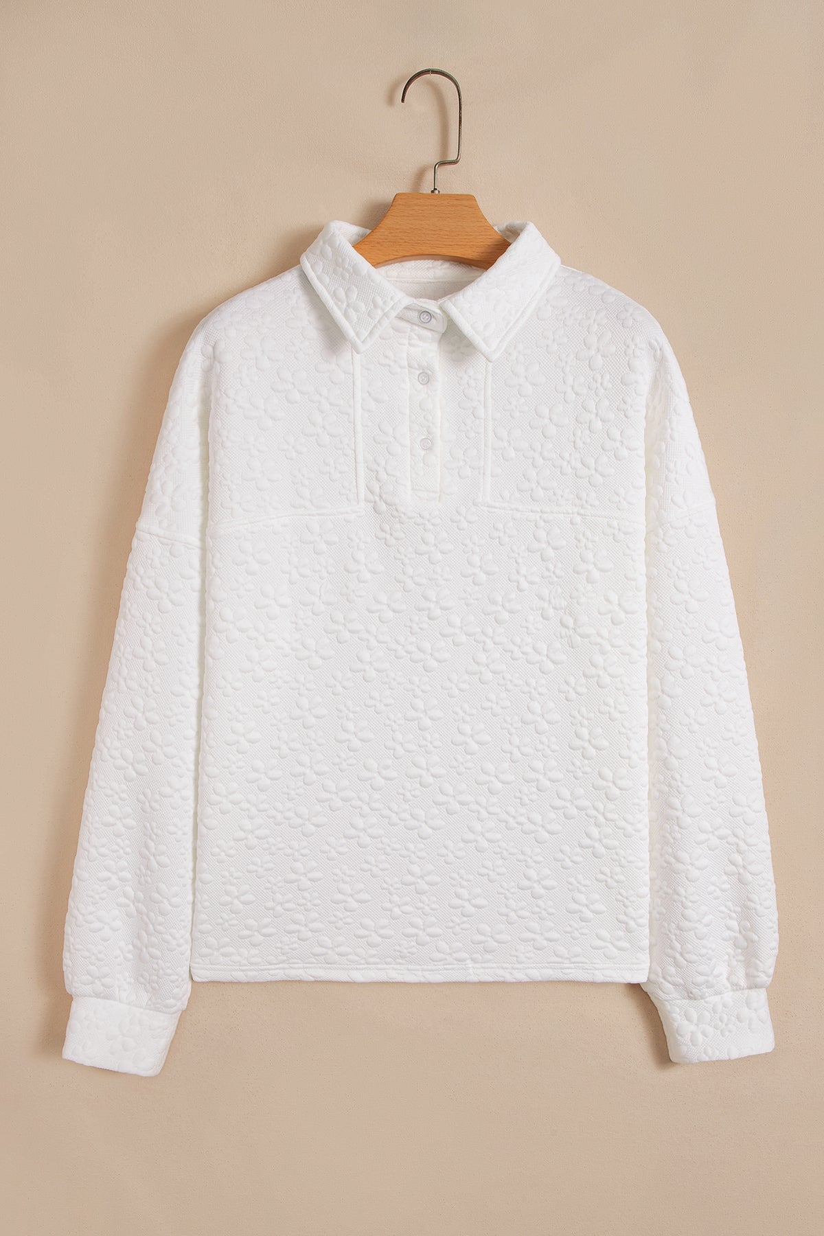 White Textured Button Collar Sweatshirt
