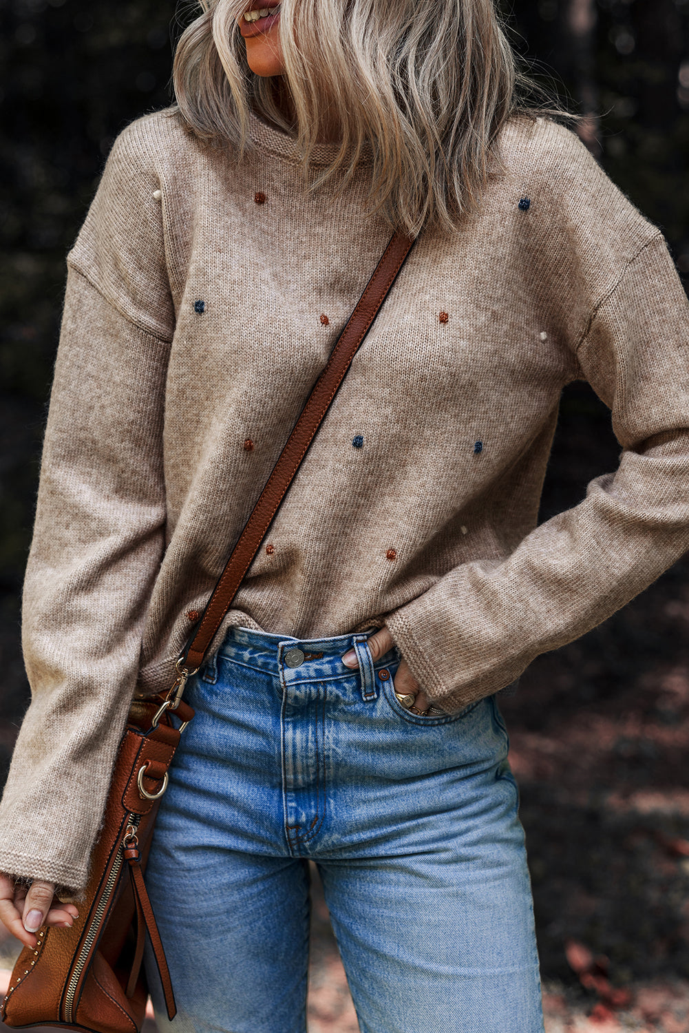 Gray Morn Contrast Colored Dot Detail Drop Shoulder Sweater