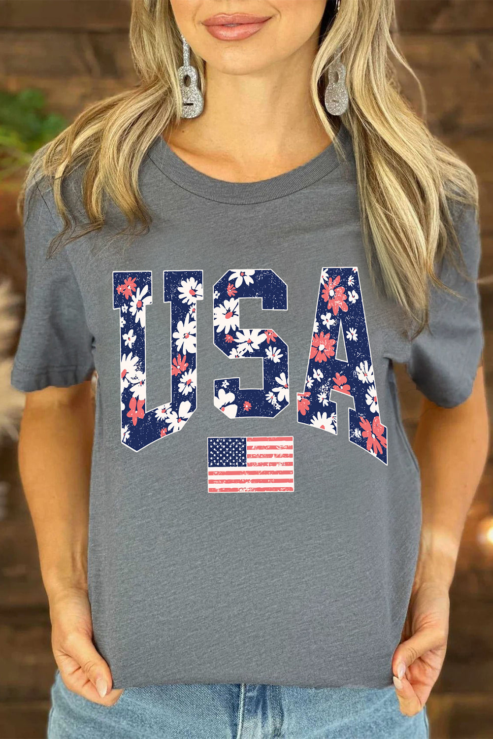 Gray Blooming USA Flag Print Casual T-Shirt