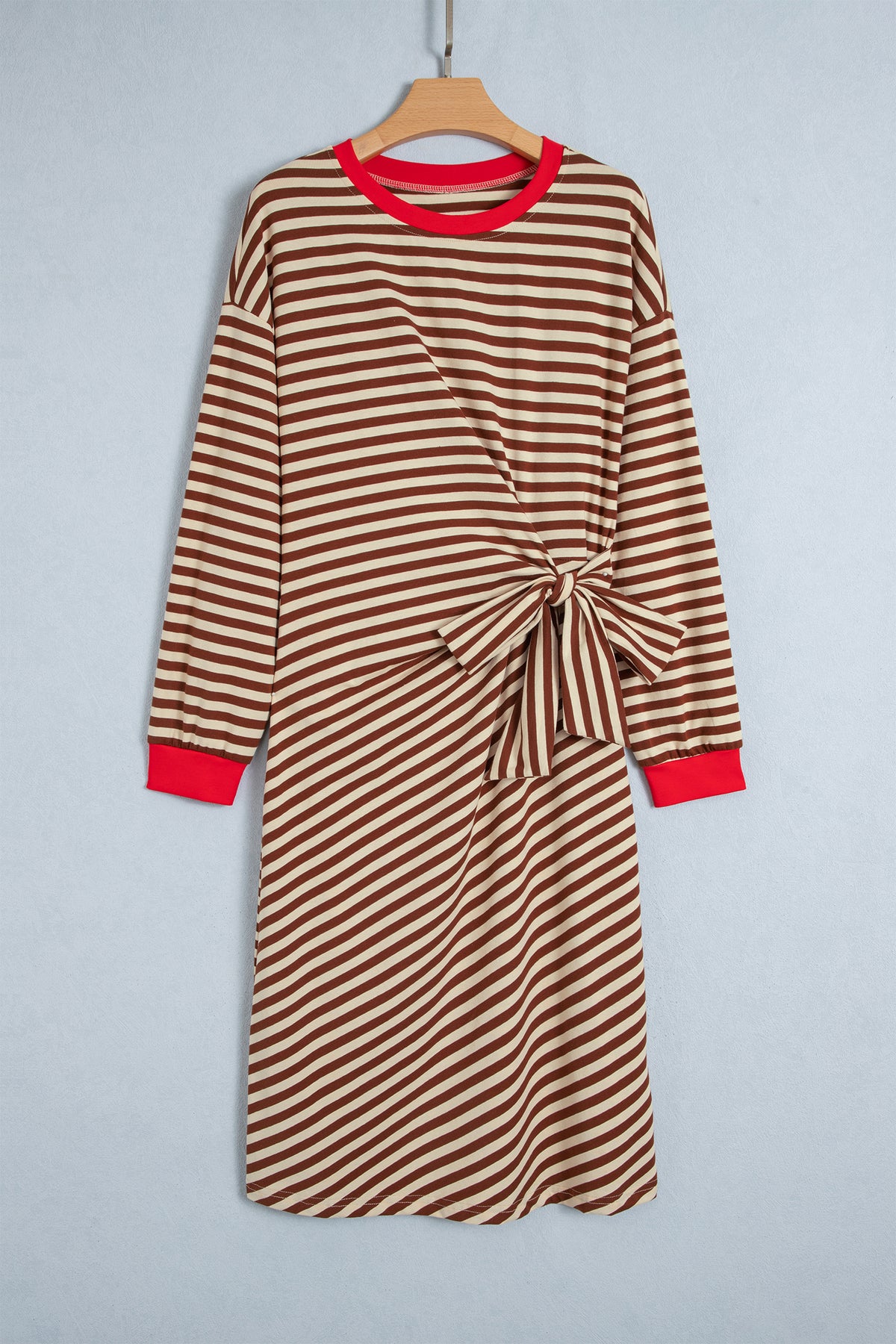 Brown Stripe Colorblock Cuffs Long Sleeve Shift Dress