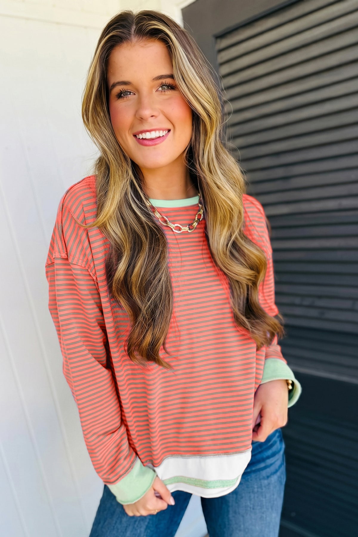 Orange Stripe Colorblock Raw Seam Long Sleeve Top