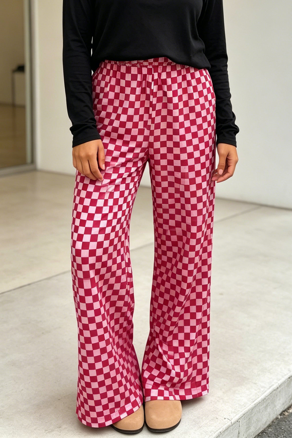 Rose Plaid Checkered Full-Length Casual Pants with Side Pockets