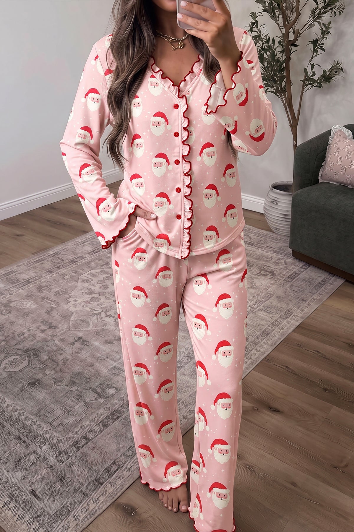 Pink Christmas Santa Print Long Sleeve Top Lounge Pant Set