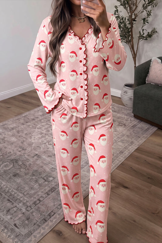 Pink Christmas Santa Print Long Sleeve Top Lounge Pant Set