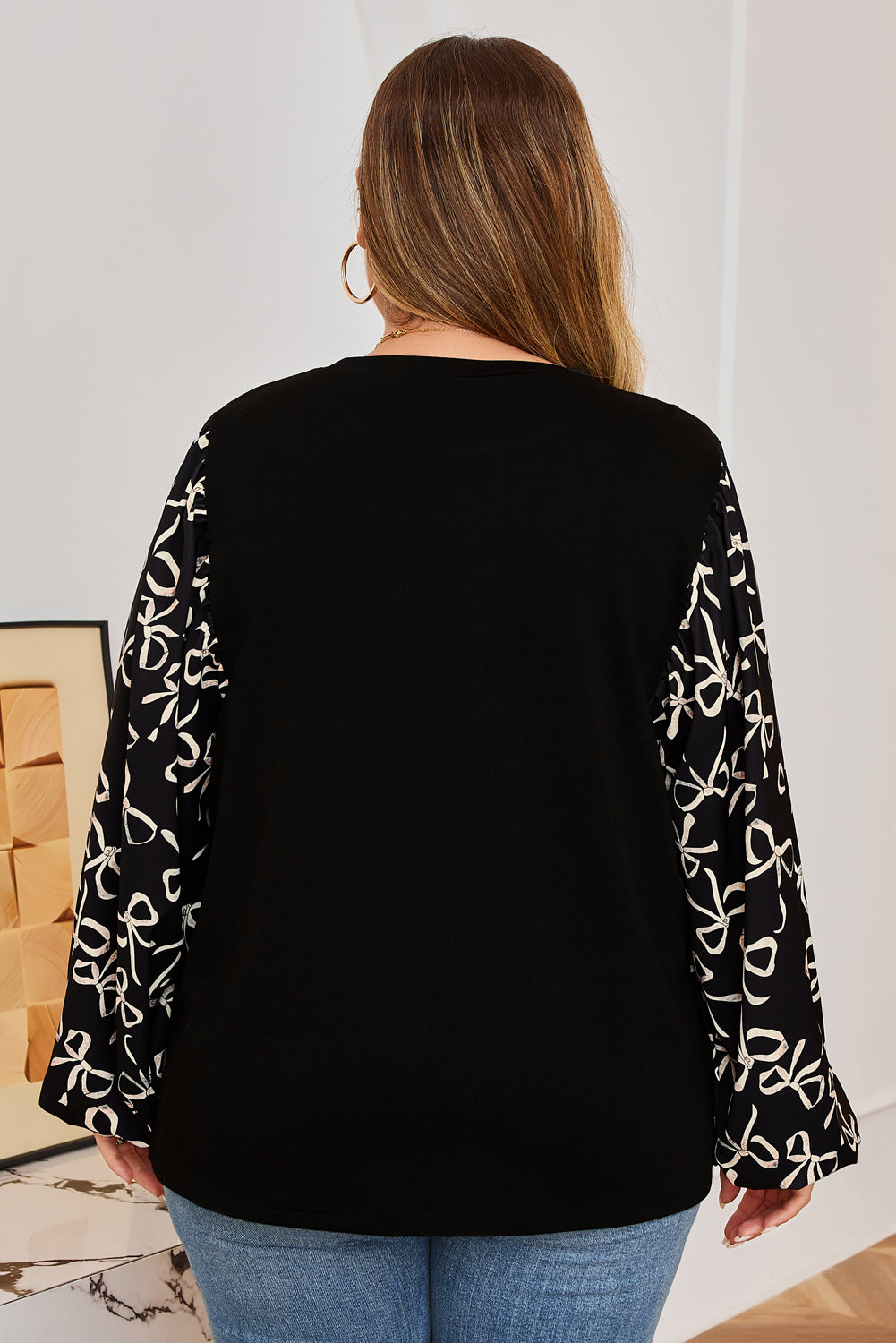 Black Bow-Knot Patchwork Crewneck Plus Size Blouse