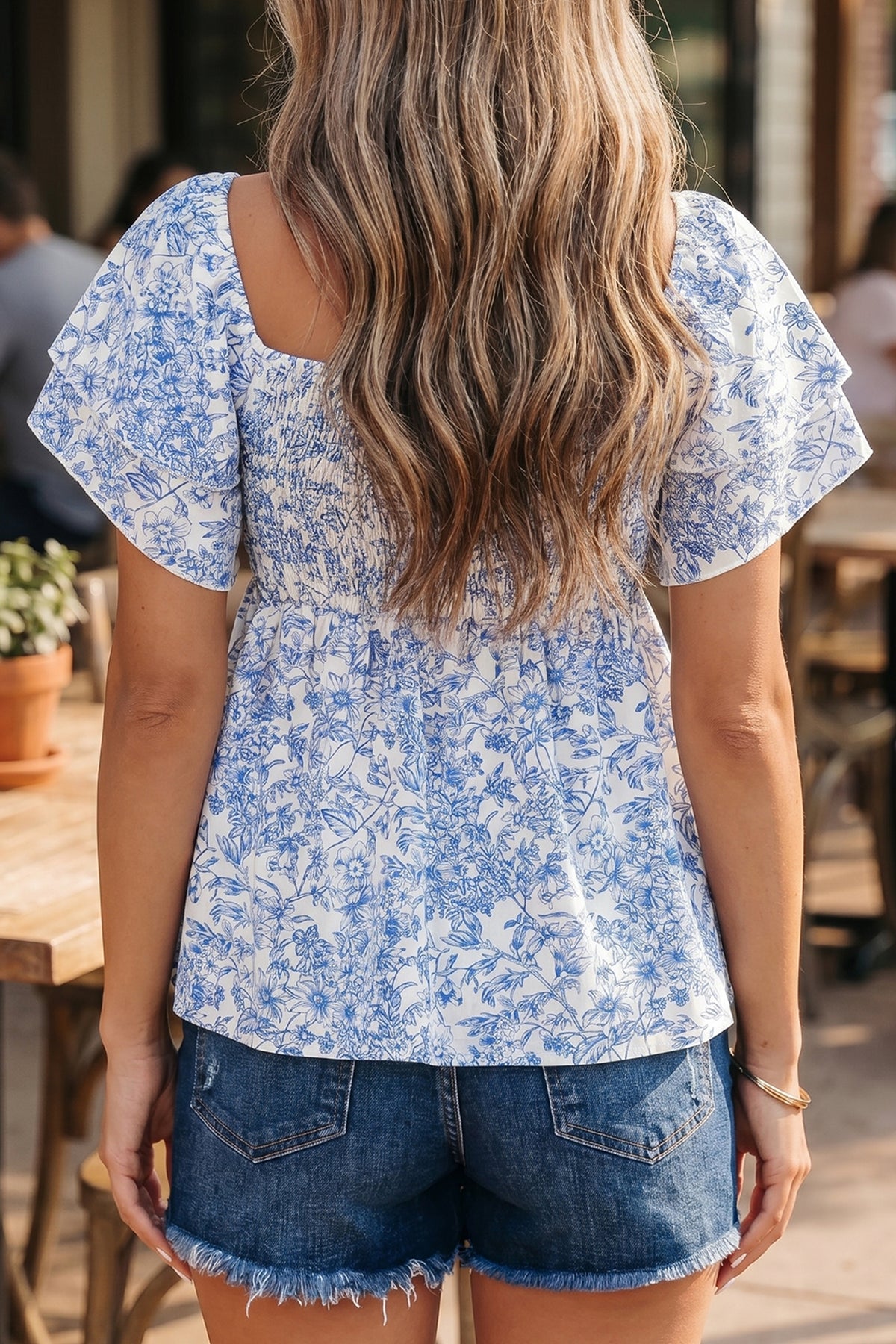 Sky Blue Floral Square Neck Ruffled Sleeve Shirred Babydoll Blouse