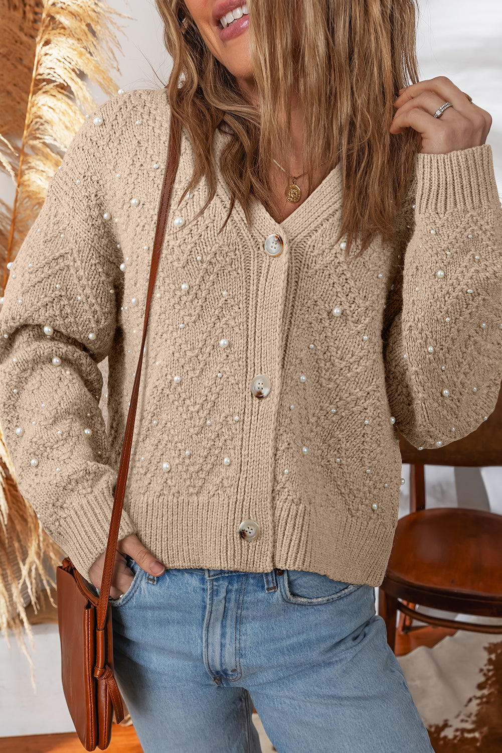 Smoke Gray Pearl Embellished Button Front V Neck Sweater Cardigan