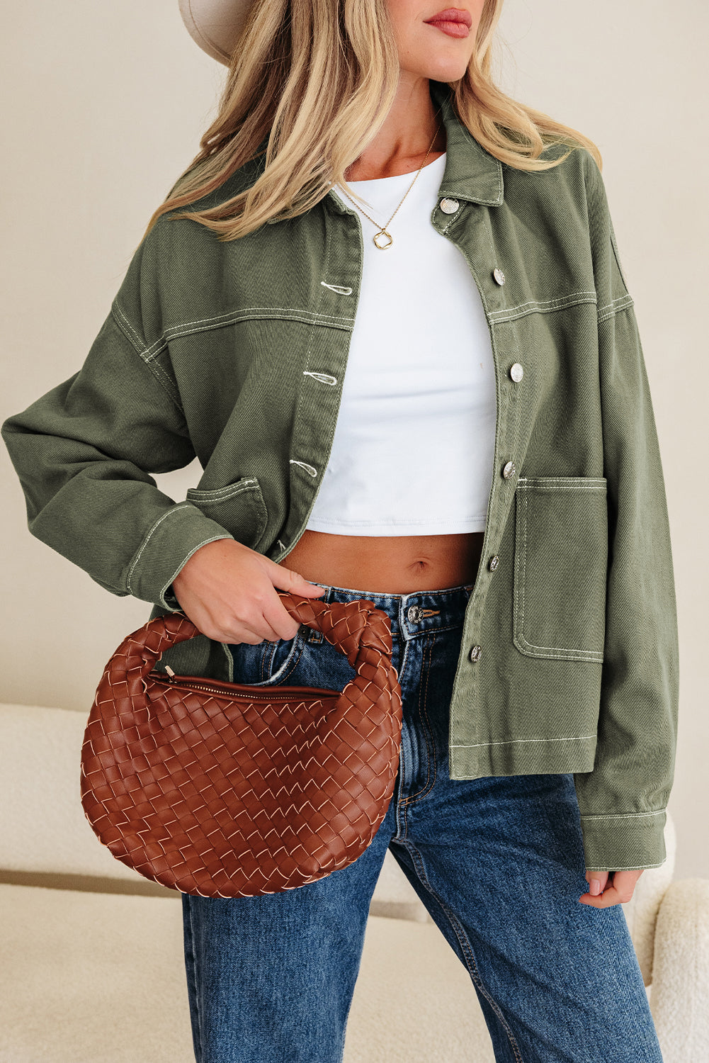 Smoke Green Patched Pocket Collared Boyfriend Denim Jacket