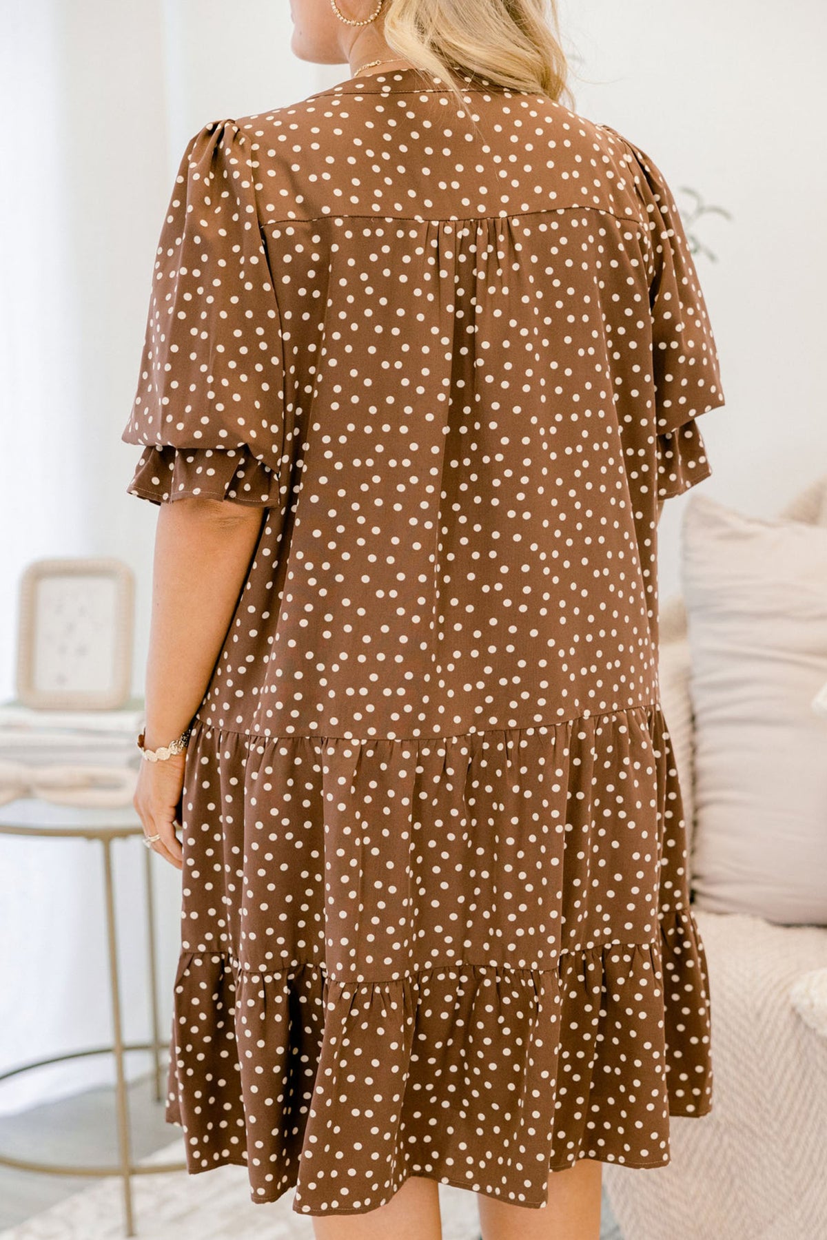 Brown V-Neck Polka Dot Long-Sleeve Shift Plus Size Dress