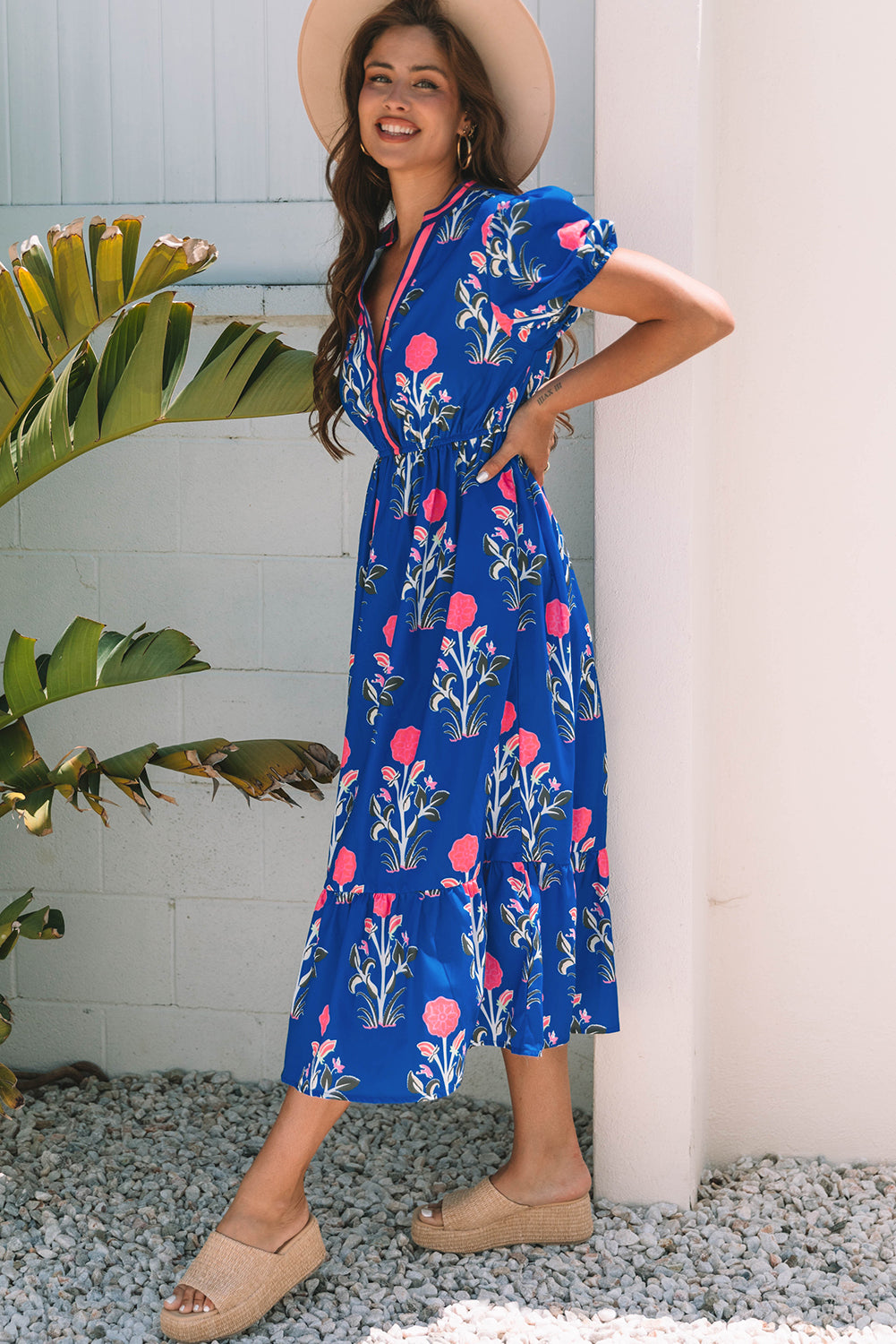 White Floral V-Neck Maxi Dress