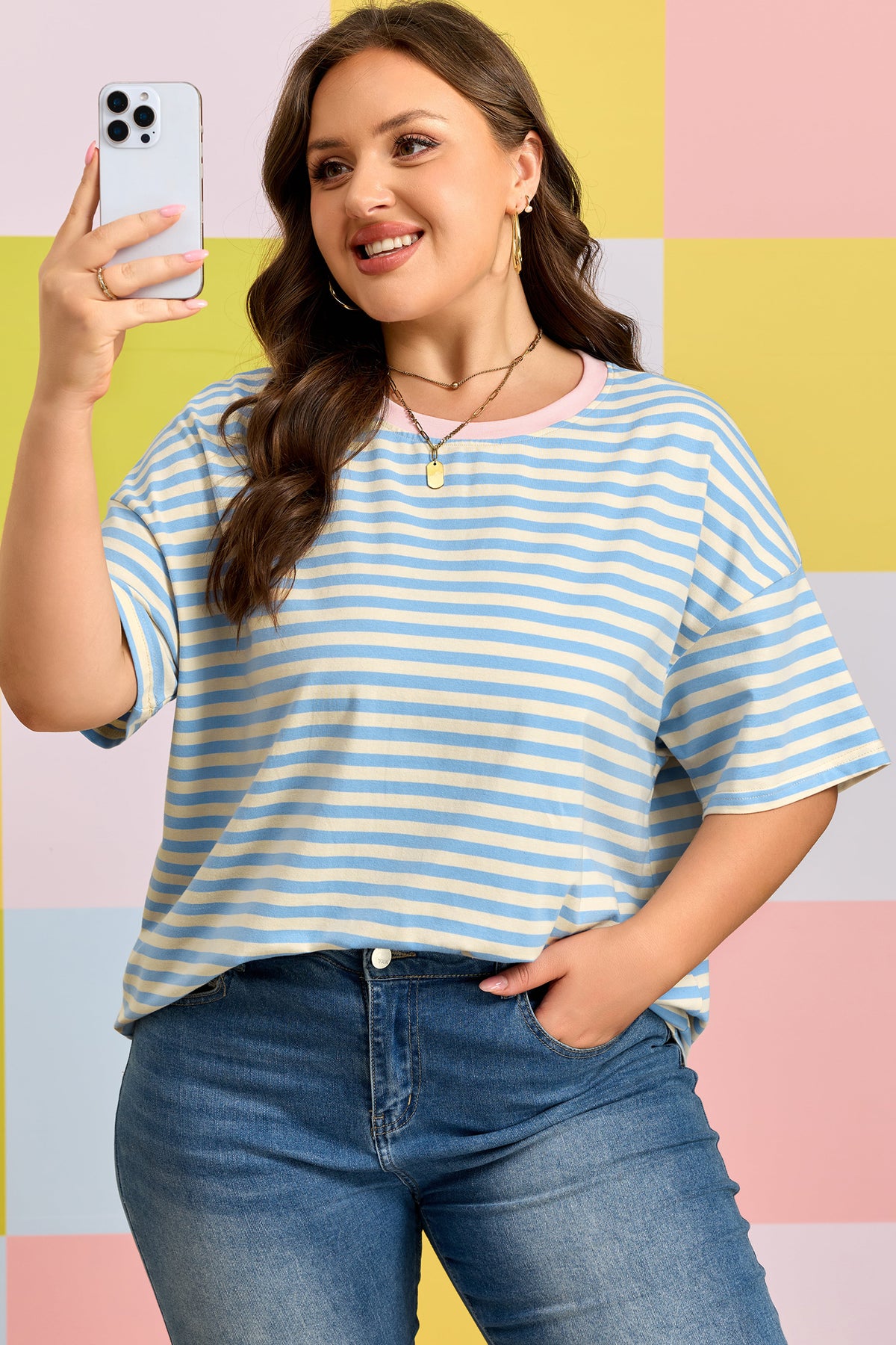 Sky Blue Stripe Plus Size Drop-Shoulder Contrast Trim Round-Neck Tee