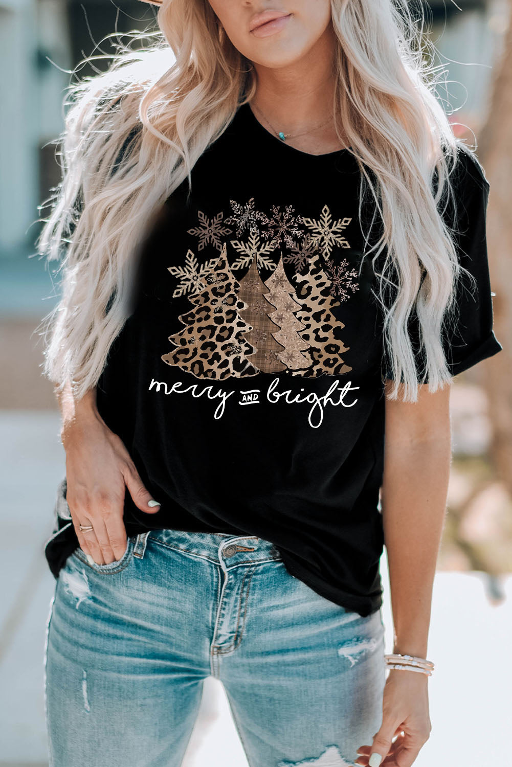 Black Leopard Christmas Tree Graphic Crew Neck T-Shirt