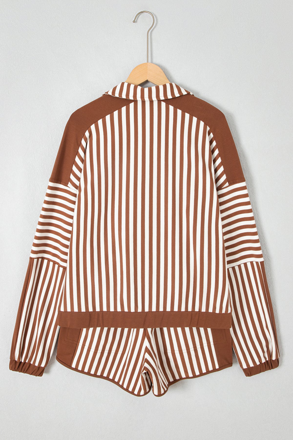 Women's Brown Stripe Color Block Patchwork Quarter Zip Pullover Sporty Shorts Set
