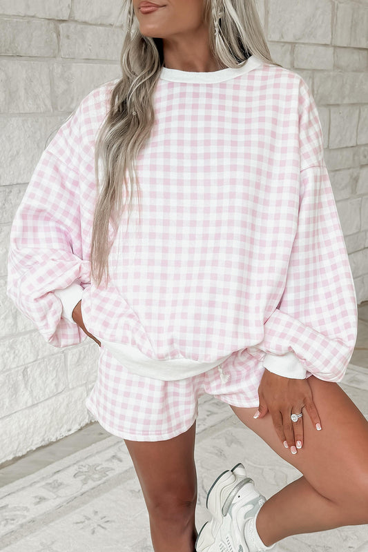 Pink Plaid Baggy Pullover Drawstring Casual Shorts Set