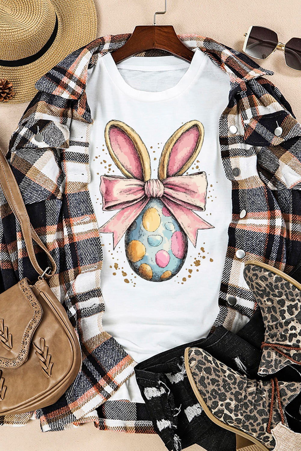 White Easter Egg Bow Bunny Ear Printed T-Shirt