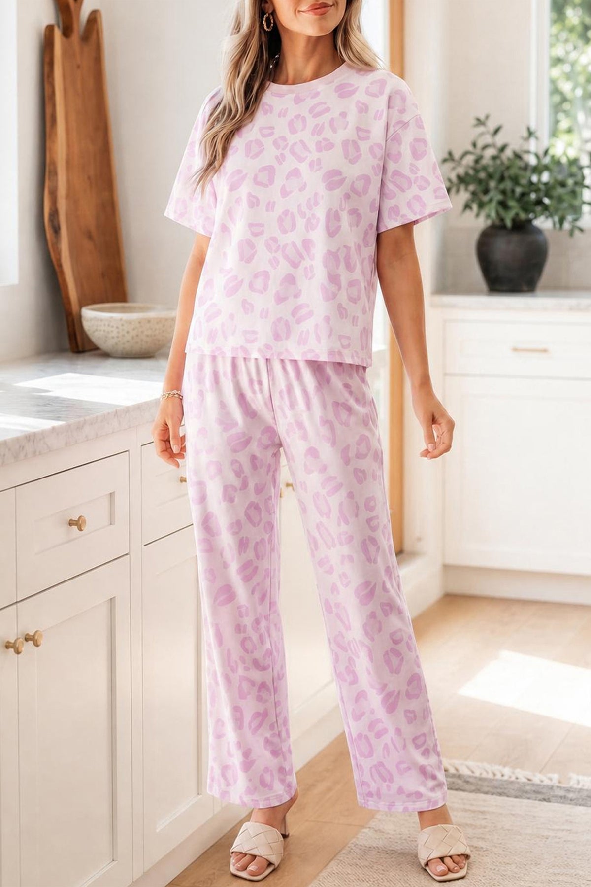 Women's Pink Leopard Two-Piece Top & Pants Set