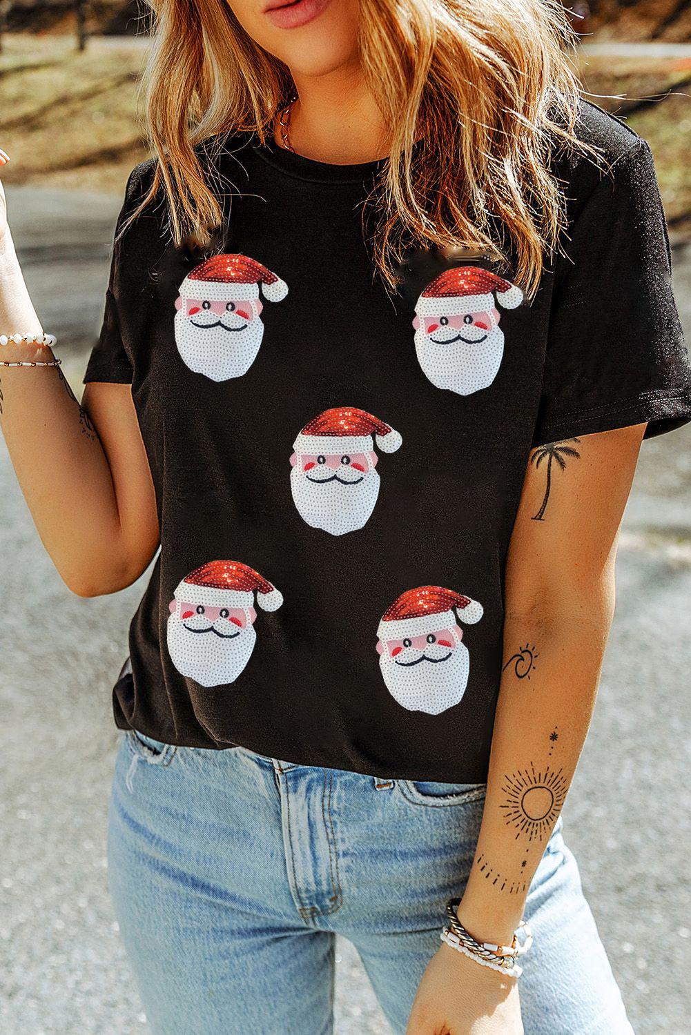 Black Faux Sequin Christmas Claus Pattern Crewneck T-Shirt