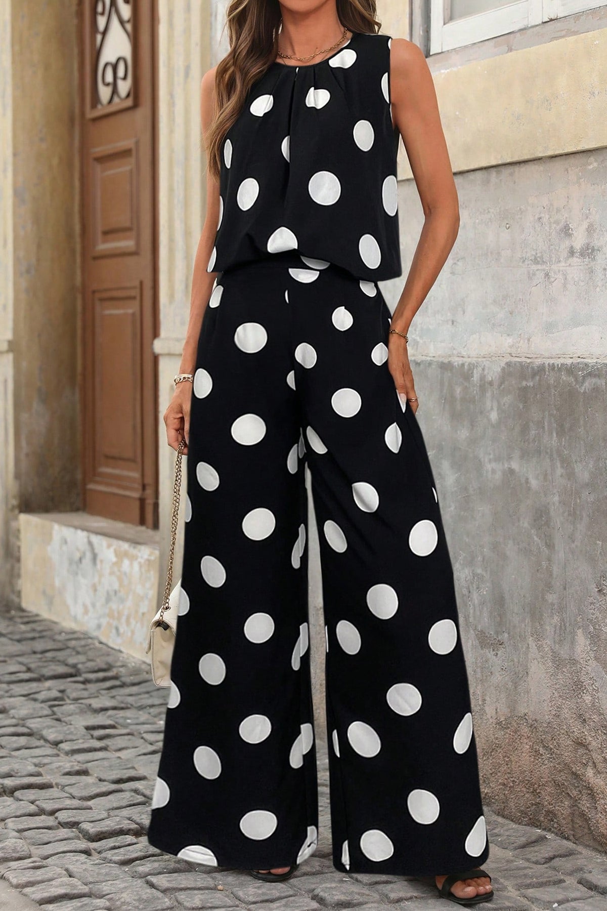Women's Black Polka Dot Print Pleated Round Neck Tank Casual Wide-Leg Two-Piece Outfit