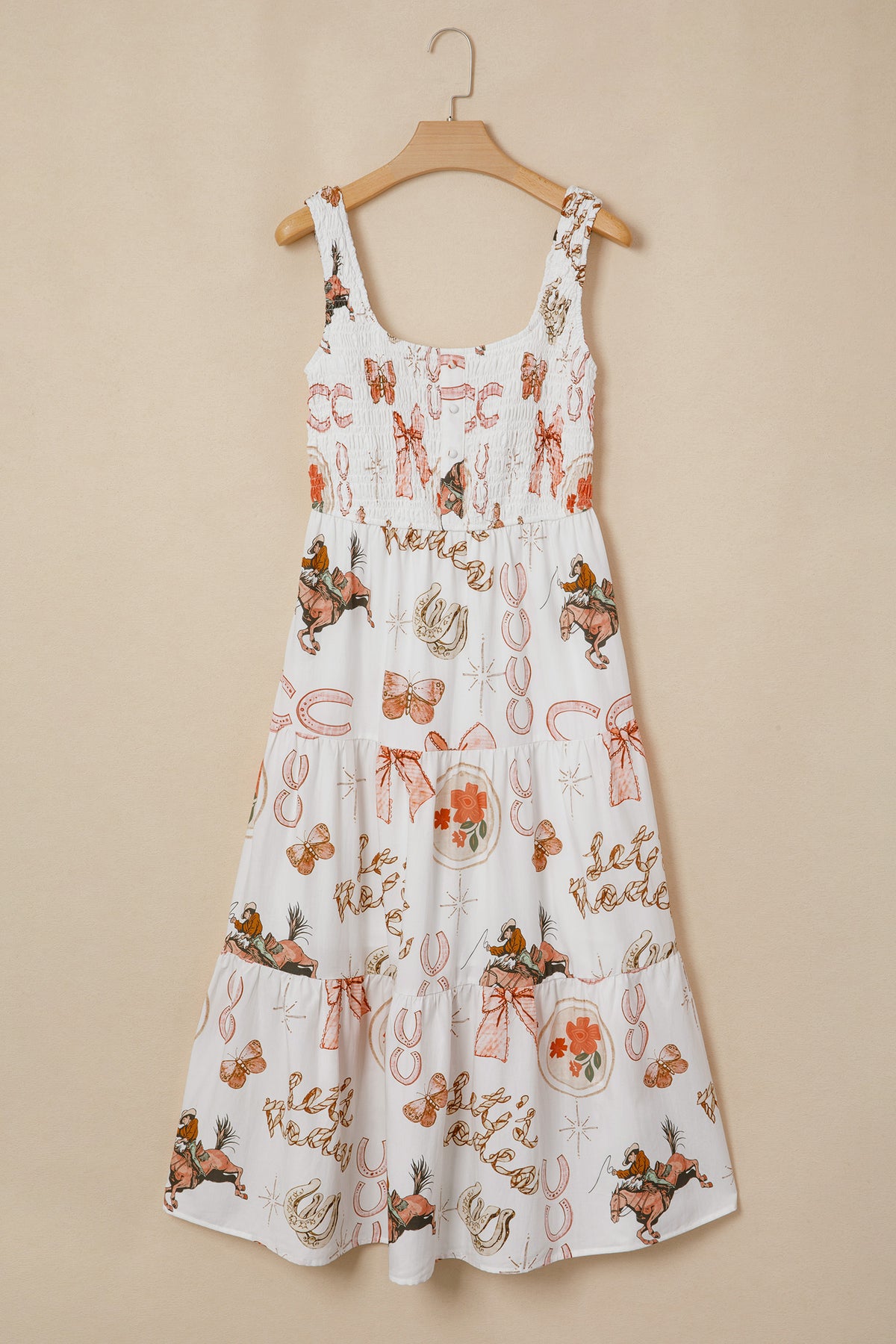 White Western Horseshoe Print U Neck Sleeveless Midi Dress