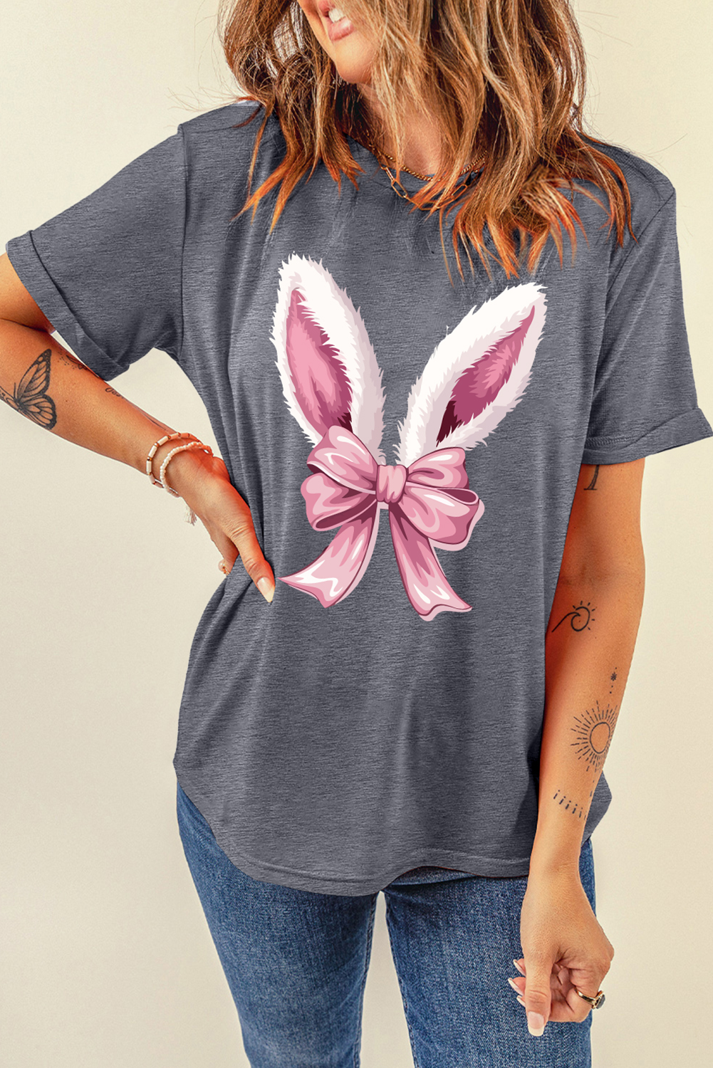 Gray Bunny Ear Bow Printed Easter Fashion T-Shirt