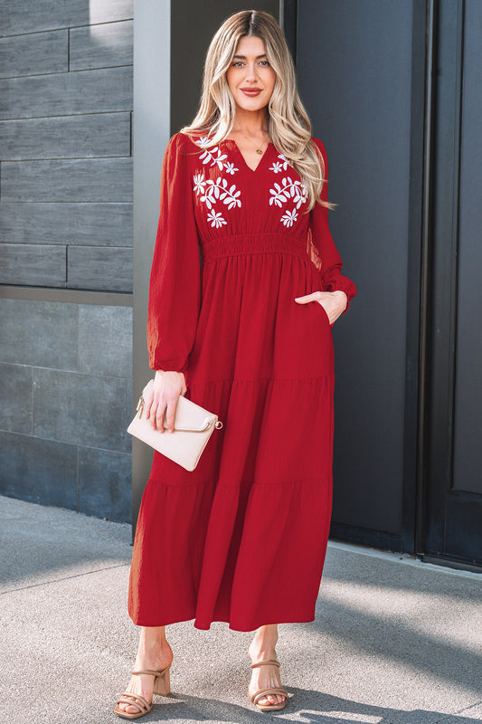 Racing Red Embroidered Cinched Waist Tiered Long Sleeve Maxi Dress