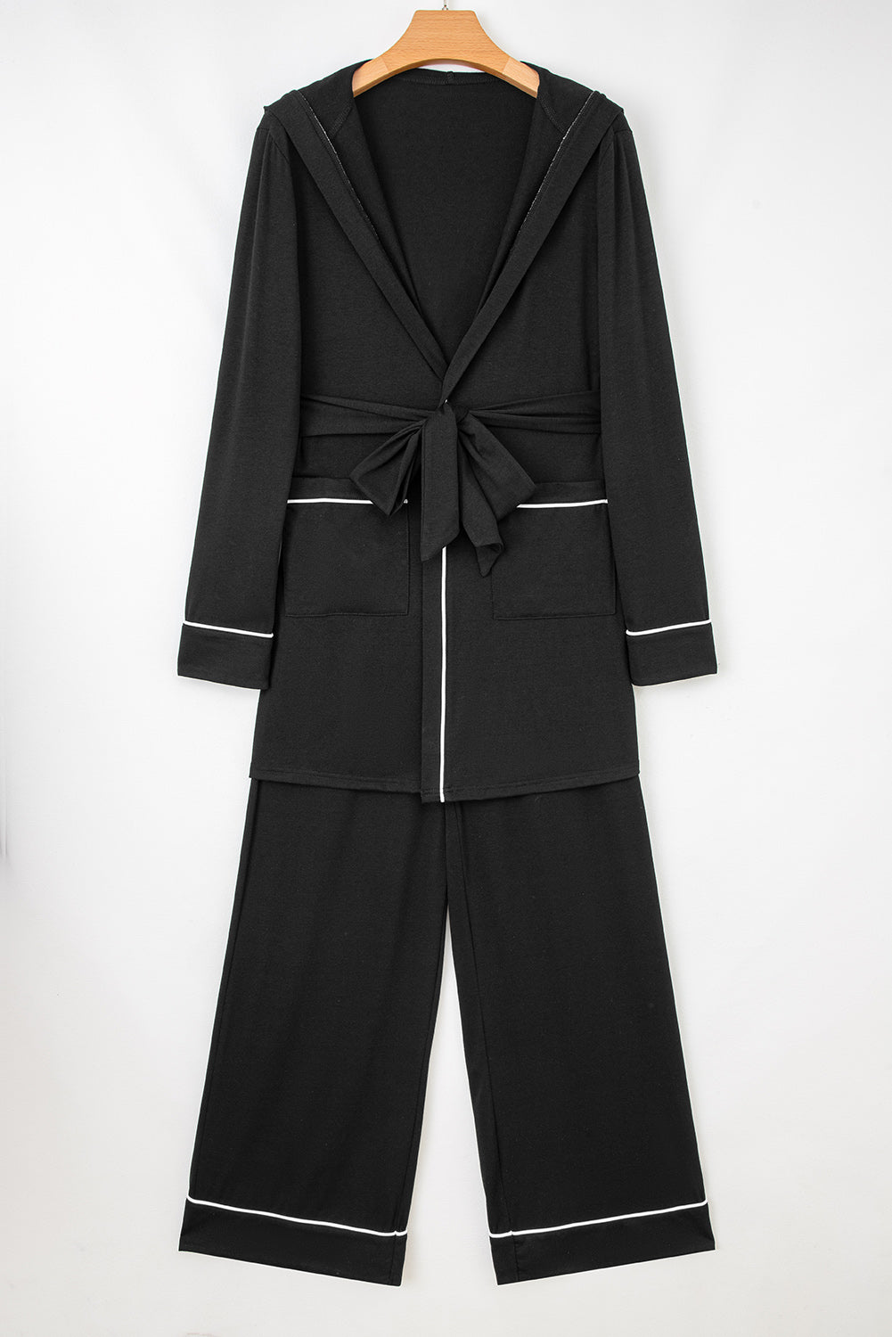 Black Contrast Trim Hooded Lounge Cardigan and Pants Set