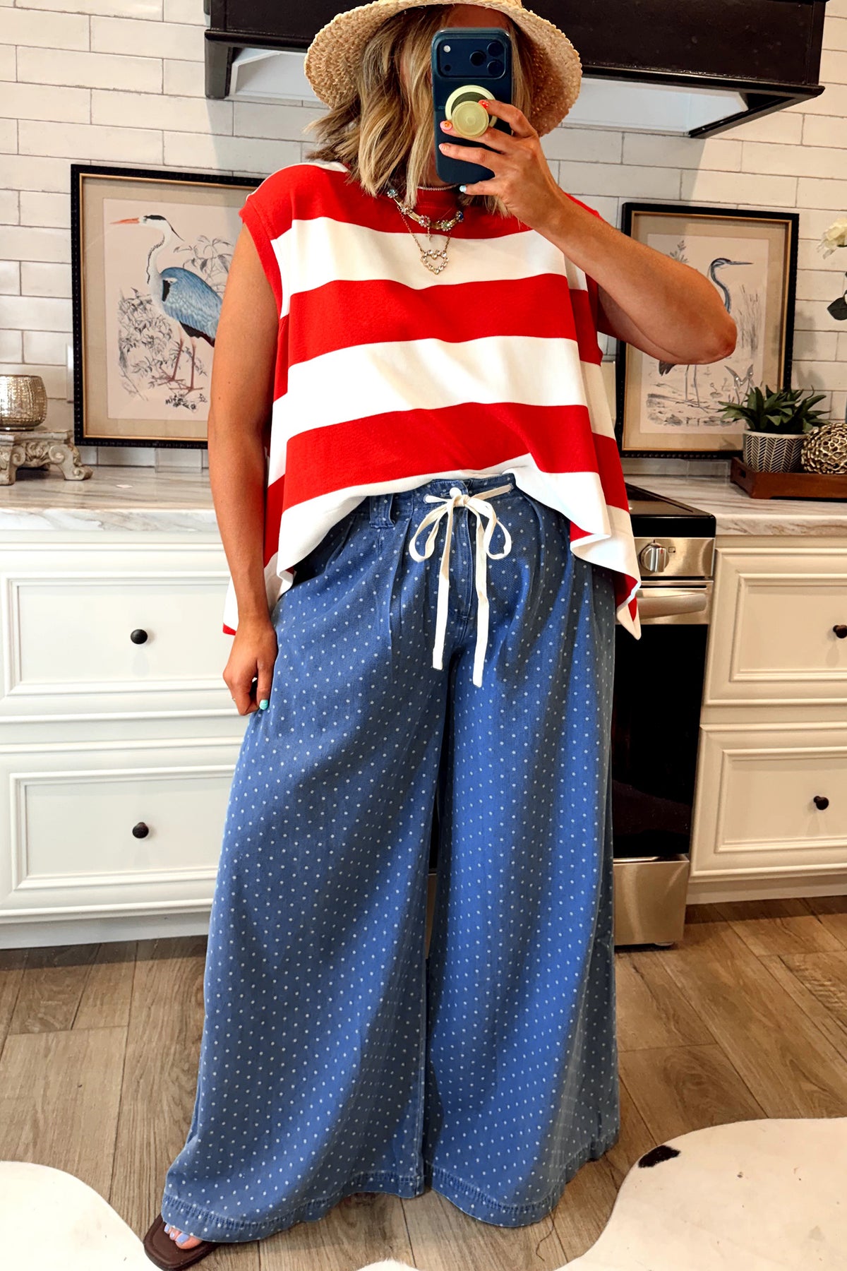 Sky Blue Polka Dot Wide-Leg Full-Length Shift Silhouette Plus Size Jeans