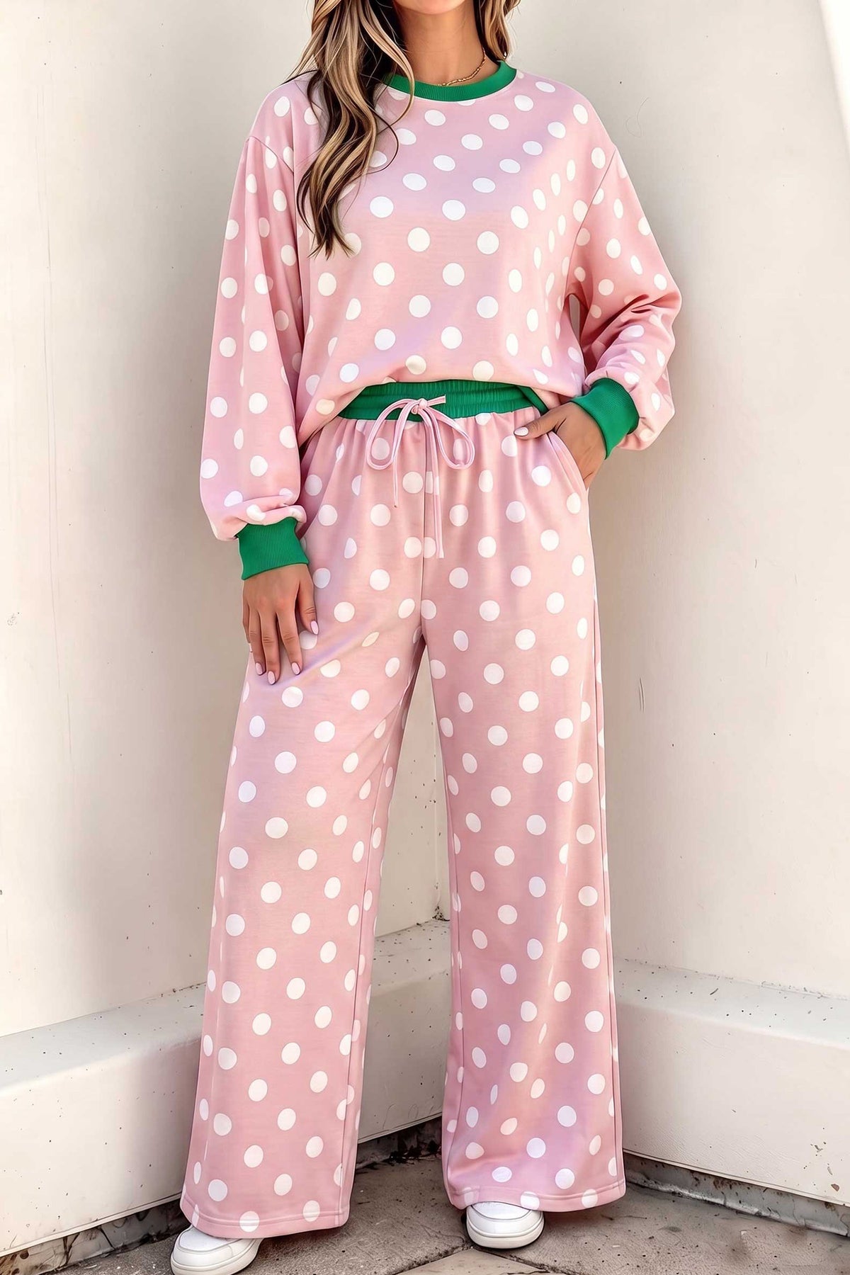 Women's Sky Blue Polka Dot Contrast Trim Long-Sleeve Top Drawstring Shift Pants Set