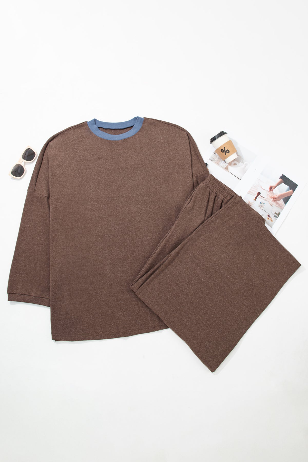 Dark Brown Long-Sleeve Round-Neck Patchwork Color-Block Plus Size Set