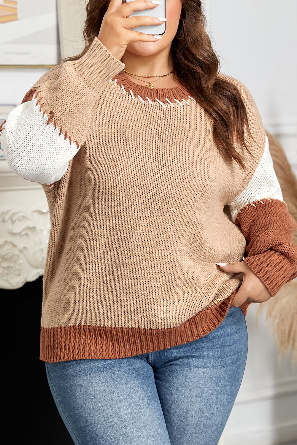 Light French Beige Contrast Stitch Detail Color-Block Knitted Plus Size Sweater