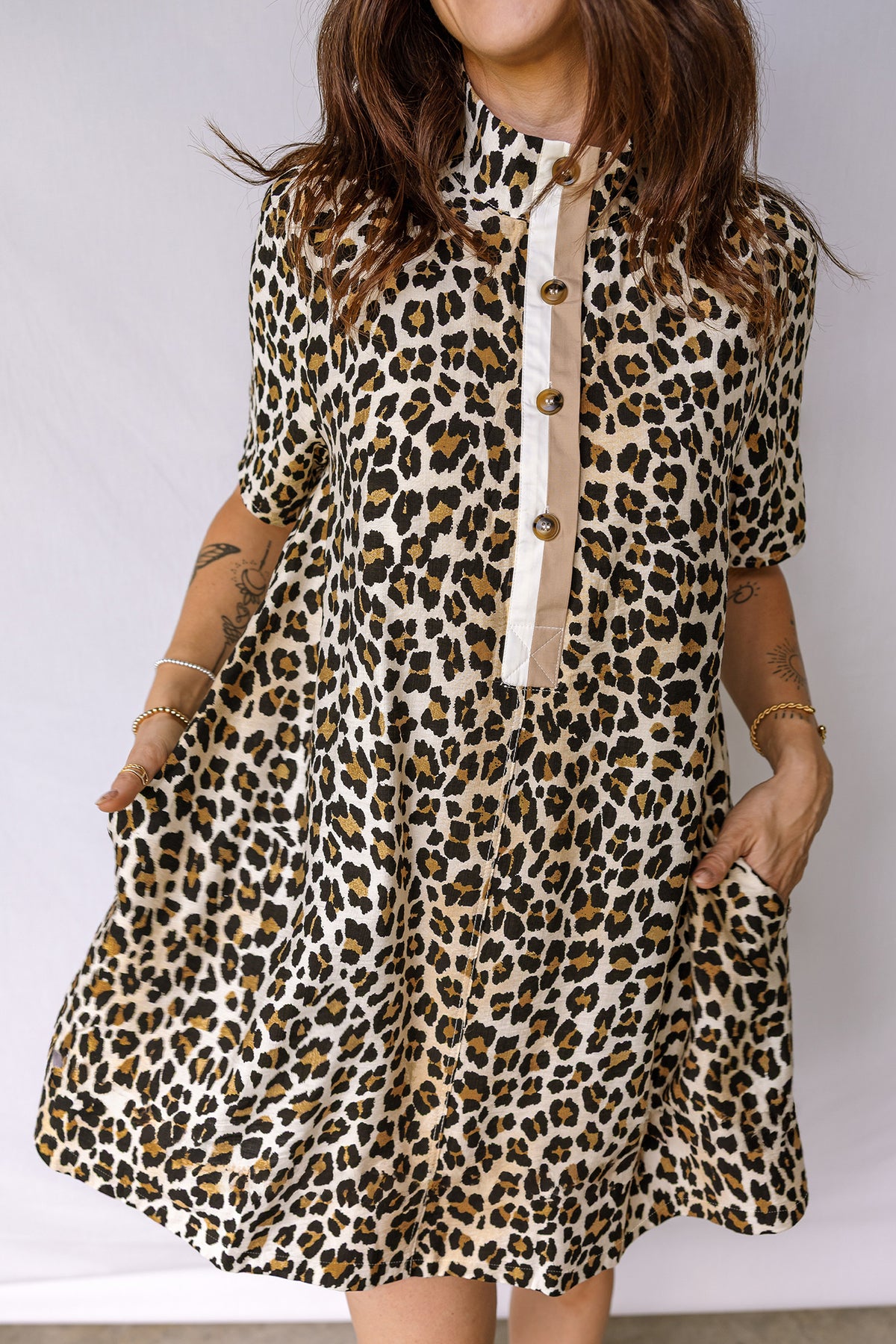 Multicolour Half Buttons Short Sleeve Leopard Mini Dress with Pockets