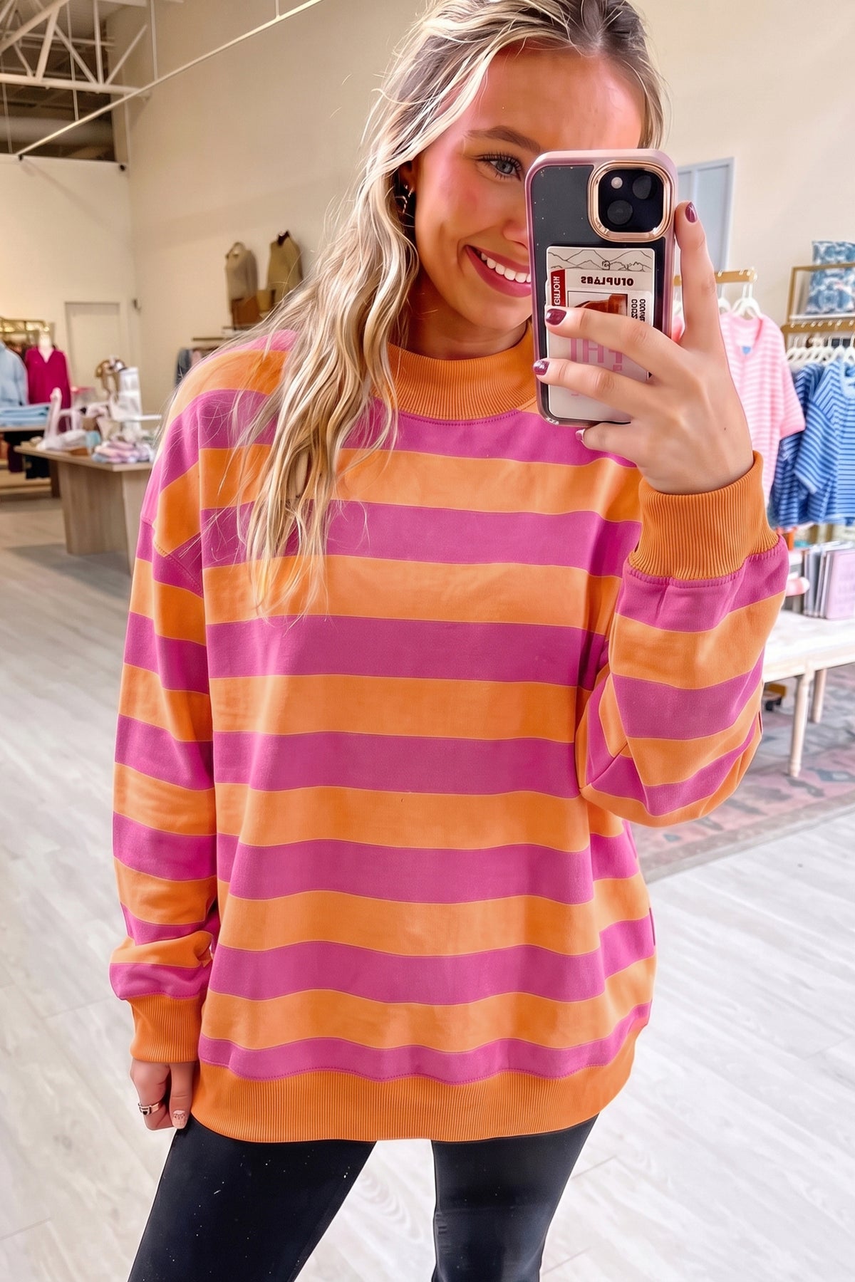 Orange Stripe Colorblock Mock Neck Sweatshirt