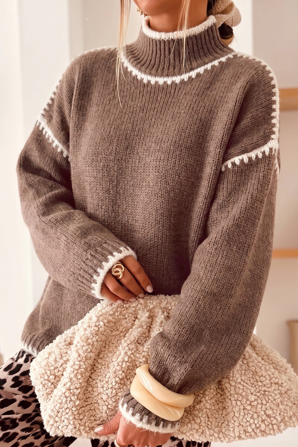 Coffee Contrast Trim Mock Neck Drop Shoulder Sweater