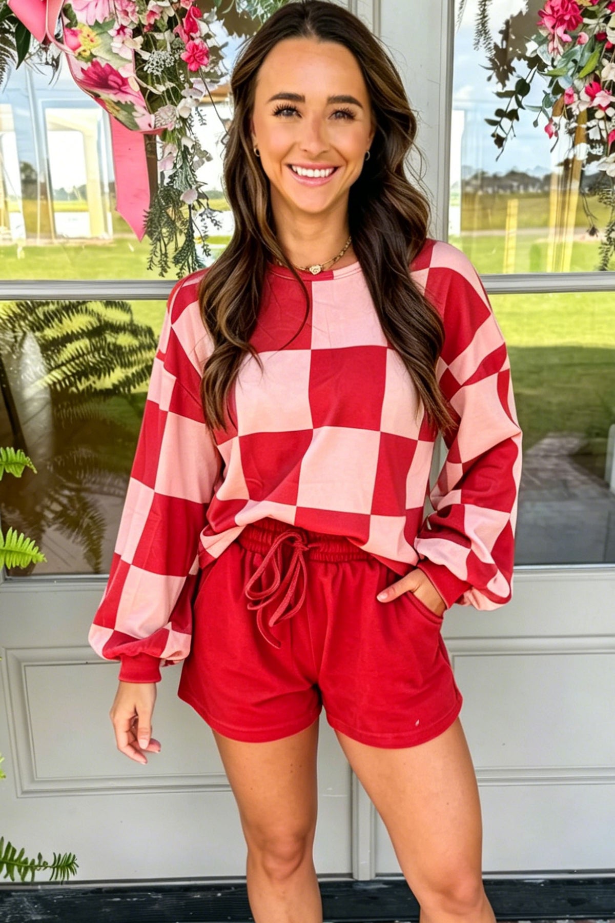 Women's Black Checkerboard Plaid Long-Sleeve Shorts Two-Piece Set